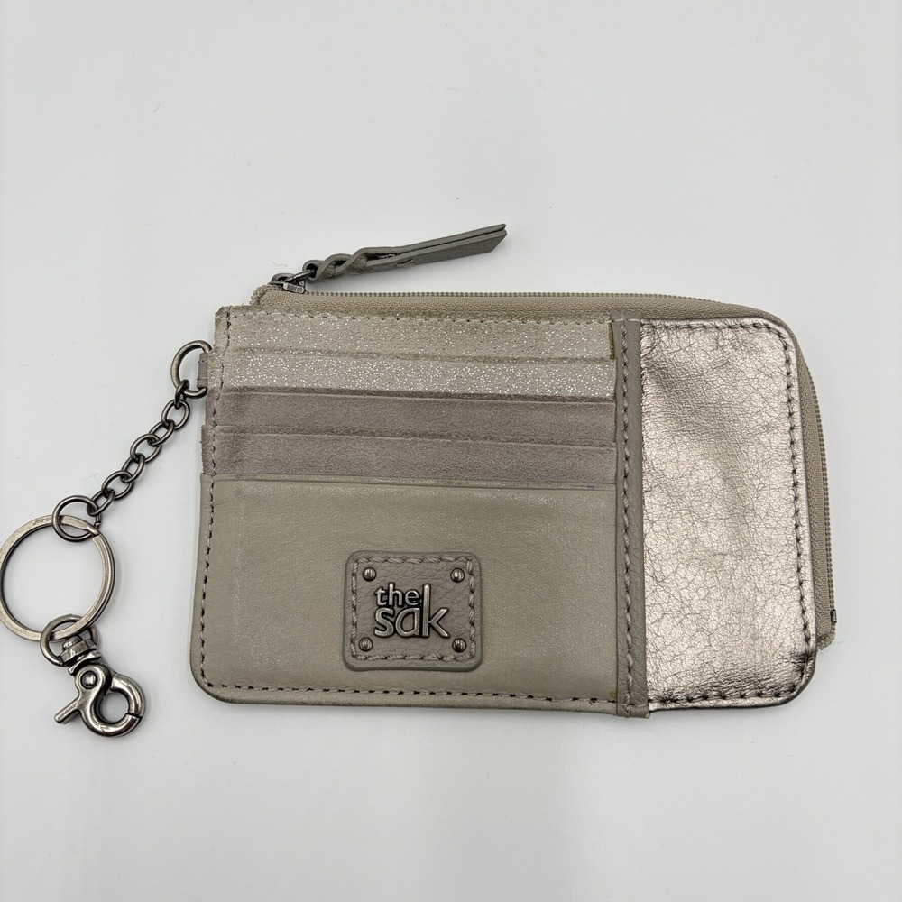 The Sak Iris Card Wallet Leather Metallic Taupe Zip Keychain Credit Card Pink